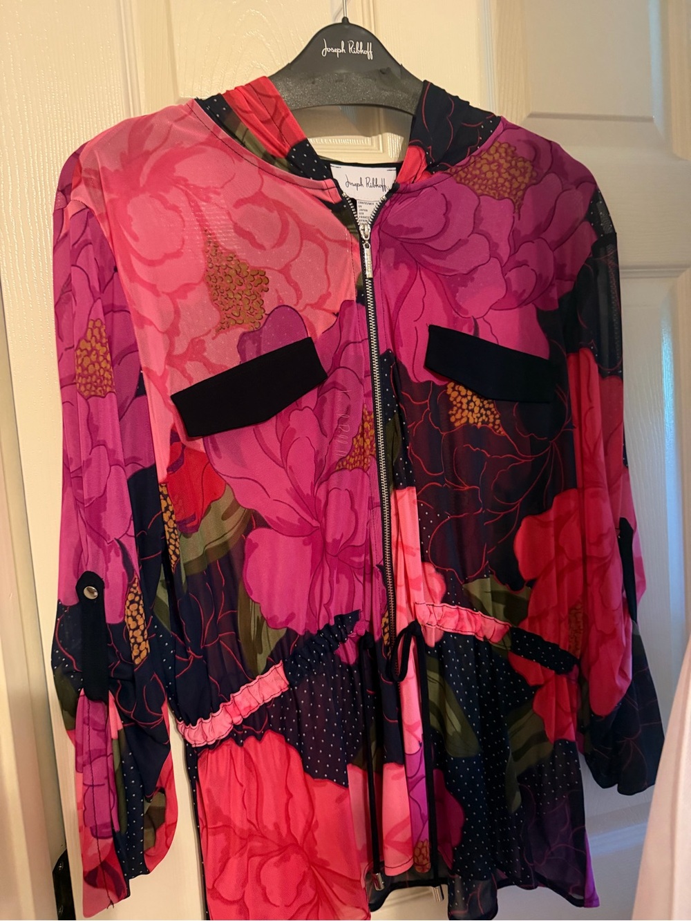 Joseph Ribkoff Vibrant Pink and Purple Floral Zip Jacket